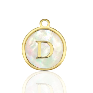Breloques en acier Inox nacre rond 12mm lettre D Blanc (couleur naturelle)-dor&eacute;