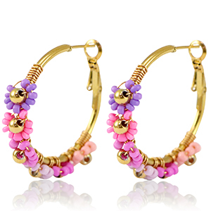 Boucles d'oreilles en acier Inox cr&eacute;oles fleur 35mm Dor&eacute;-rose violet