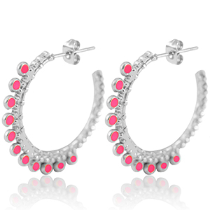 Boucles d'oreilles en acier Inox cr&eacute;oles 30mm Argent&eacute;-rose vif