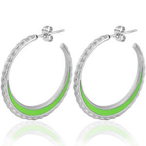 Boucles d'oreilles en acier Inox cr&eacute;oles 30mm Argent&eacute;-vert n&eacute;on