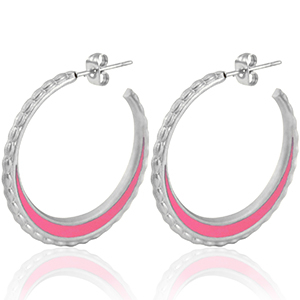 Boucles d'oreilles en acier Inox cr&eacute;oles 30mm Argent&eacute;-rose vif