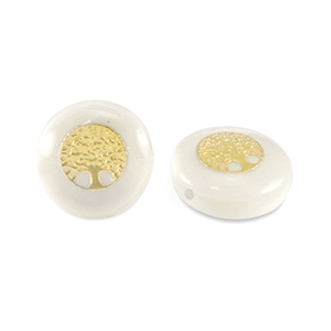 Perles en verre rondelles effet nacr&eacute; arbre de vie Blanc-dor&eacute;