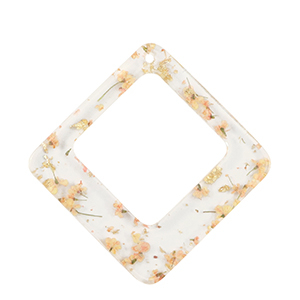 Pendentifs en r&eacute;sine avec fleurs s&eacute;ch&eacute;es losange Dor&eacute;-rose clair