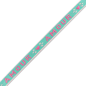 Ruban texte "amour" Bleu turquoise fonc&eacute;-rose fuchsia