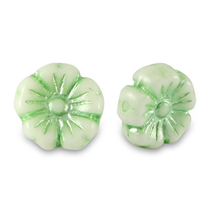 Perles tch&egrave;ques fleur 9mm Vert p&acirc;le m&eacute;tallis&eacute;-blanc