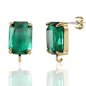Boucles d&rsquo;oreilles / puces d&rsquo;oreilles en verre Crystal Glass avec anneau rectangle Vert-dor&eacute;