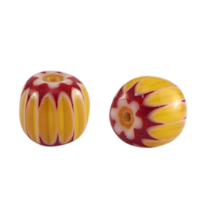 Perles Millefiori tube Jaune fonc&eacute;-rouge