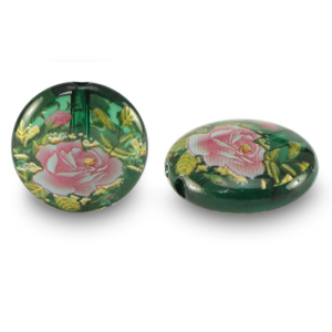 Perles en verre 14mm fleur Vert transparent-rouge rose