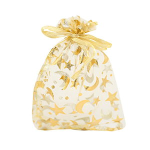 Sachet &agrave; bijoux en organza 9x12cm lune et &eacute;toile Jaune dor&eacute;-dor&eacute;