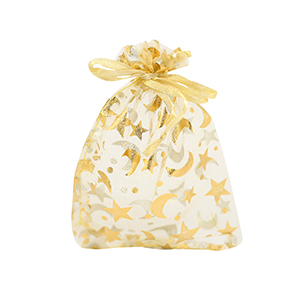 Sachet &agrave; bijoux en organza 7x9cm lune et &eacute;toile Jaune dor&eacute;-dor&eacute;
