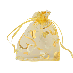 Sachet &agrave; bijoux en organza 9x12cm coeur Jaune-dor&eacute;