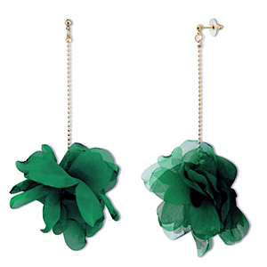 Boucles d'oreilles tendance fleur en mousseline Vert fonc&eacute;-dor&eacute;