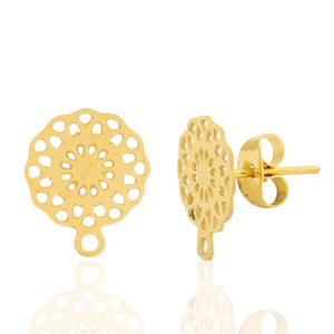 Boucles d'oreilles puces en acier Inox fleur avec anneau Dor&eacute;