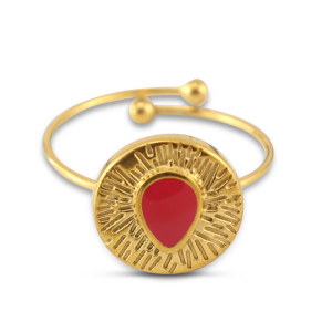 Bagues en acier inox &eacute;maill&eacute;es rond avec goutte Dor&eacute;-rose magenta