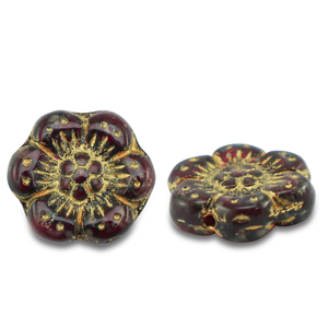 Perles tch&egrave;ques boho flower 14mm Transparent rouge-dor&eacute;