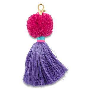 Porte-cl&eacute;s pompom avec glands Magenta-violet-bleu