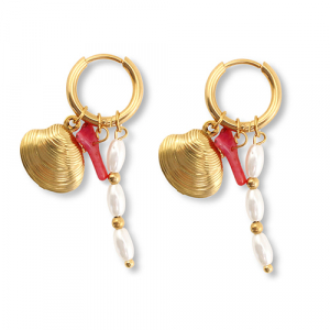 Boucles d'oreilles en acier Inox coquille Dor&eacute;-rouge-blanc