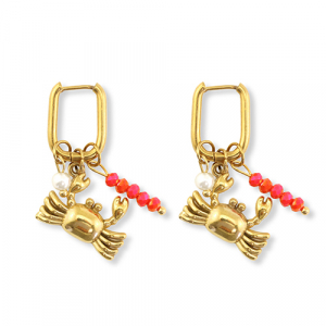 Boucles d'oreilles en acier Inox crabe Dor&eacute;-rouge-blanc