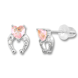 M&eacute;tal TQ laiton boucles d'oreilles / puces d&rsquo;oreilles fer &agrave; cheval avec coeur Argent&eacute;-rose clair