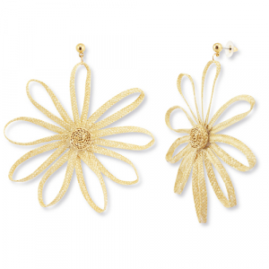Boucles d'oreilles en raphia accroche-regard fleur Jaune vanille-dor&eacute;