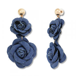 Boucles d'oreilles en denim-look accroche-regard fleur Bleu denim-dor&eacute;