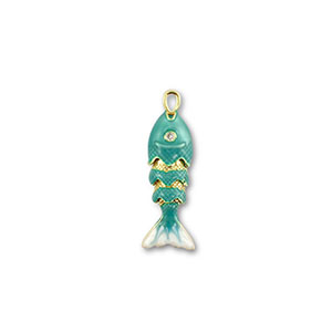 Breloques en laiton Eco-brass&reg; poisson Dor&eacute;-turquoise-blanc