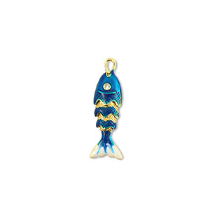 Breloques en laiton Eco-brass&reg; poisson Dor&eacute;-bleu fonc&eacute;-blanc