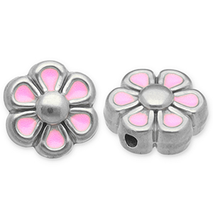 Perles en acier Inox fleur Argent&eacute;-rose clair-blanc