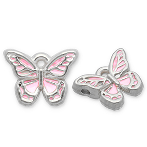 Breloques en acier Inox papillon Argent&eacute;-rose clair-blanc