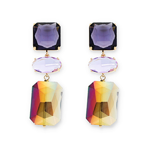 Boucles d&rsquo;oreilles / puces d&rsquo;oreilles en verre de cristal carr&eacute;-ovale-rectangle Violet fonc&eacute;-lavande-beige sable fum&eacute; AB coating