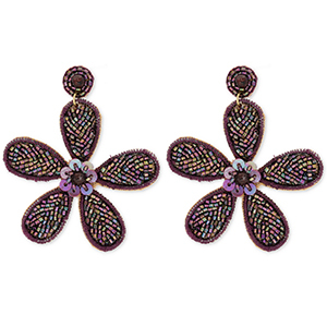 Boucles d'oreilles tendance avec perles en verre fleur Aubergine