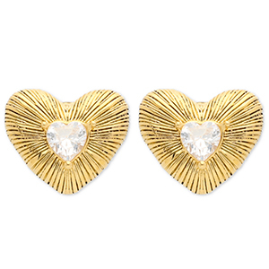 Boucles d'oreilles / puces en acier Inox coeur Dor&eacute;-cristal