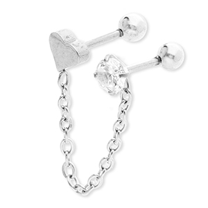 Piercing d&rsquo;oreilles en acier Inox coeur avec cha&icirc;ne & strass Argent&eacute;-cristal