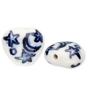 Perles en c&eacute;ramique coeur avec lune et &eacute;toiles Blanc cass&eacute;-bleu de Delft