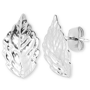 Appr&ecirc;ts en acier Inox boucles d'oreilles / puces d&rsquo;oreilles feuille avec anneau Argent&eacute;