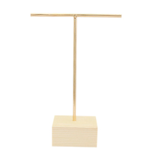 Pr&eacute;sentoir bijoux en forme de T pour boucles d'oreilles avec pied en bois Naturel-dor&eacute;