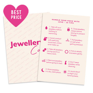 BY31&reg; Cartes &agrave; bijoux "Jewellery care" Anglais Blanc cass&eacute;-rose