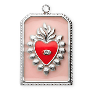 Breloques en acier Inox rectangle avec coeur Argent&eacute;-rose vintage-rouge