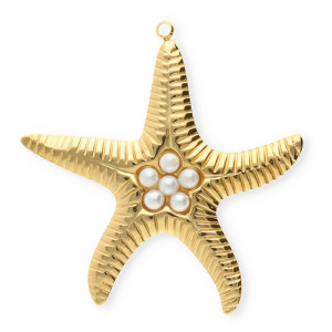 Breloques en acier Inox &eacute;toile de mer avec imitations perles Dor&eacute;-blanc
