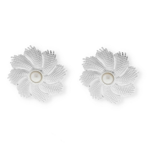 Appr&ecirc;ts en acier Inox boucles d'oreilles&nbsp;/&nbsp;puces d&rsquo;oreilles fleur avec imitation perle avec anneau Argent&eacute;-blanc