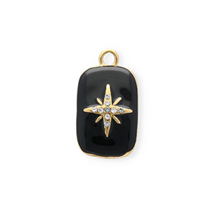 Breloques en acier Inox &eacute;mail et strass rectangle avec &eacute;toile Dor&eacute;-noir-cristal