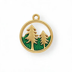 Breloques en acier Inox &eacute;mail rond avec arbres Dor&eacute;-vert