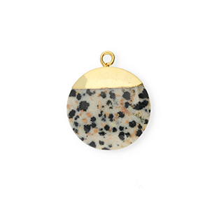 Breloque en pierre naturelle Jaspe Dalmatien rond Greige-noir-dor&eacute;
