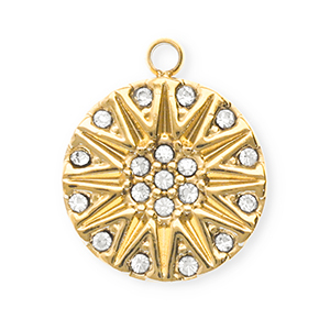 Breloques en acier Inox avec strass rond con soleil Dor&eacute;-cristal